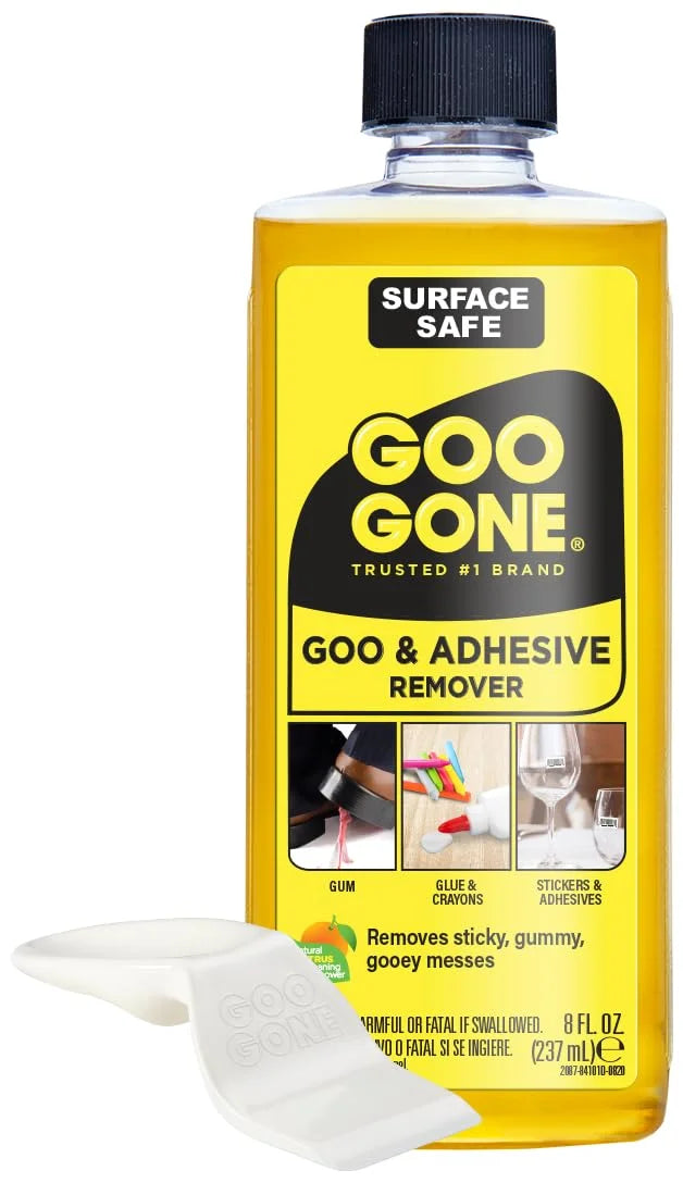 Goo Gone Original Liquid - 8 Ounce - Surface Safe Adhesive Remover Safely Removes Stickers Labels Decals Residue Tape Chewing Gum Grease Tar Crayon Glue