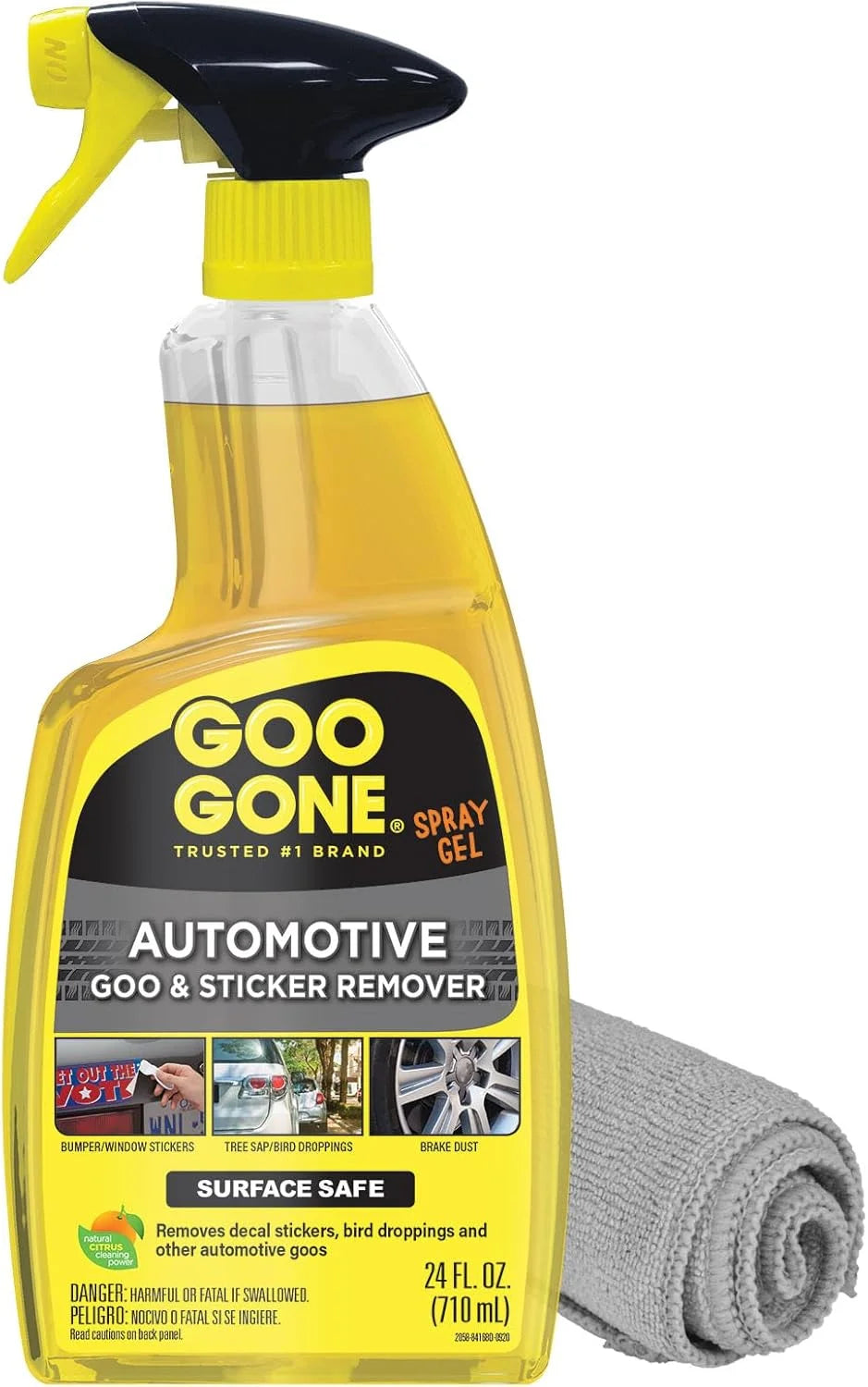Goo Gone Automotive Adhesive Remover, Goo & Grime Cleaner for Bumper Stickers, Decals, Tree Sap, Brake Dust, Bird Droppings, Gum, Spray Paint, Asphalt, 24 oz with MicroFiber Buffing Towel